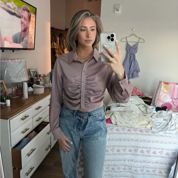 NWOT Purple Rouched Button Down - Picture 2 of 5